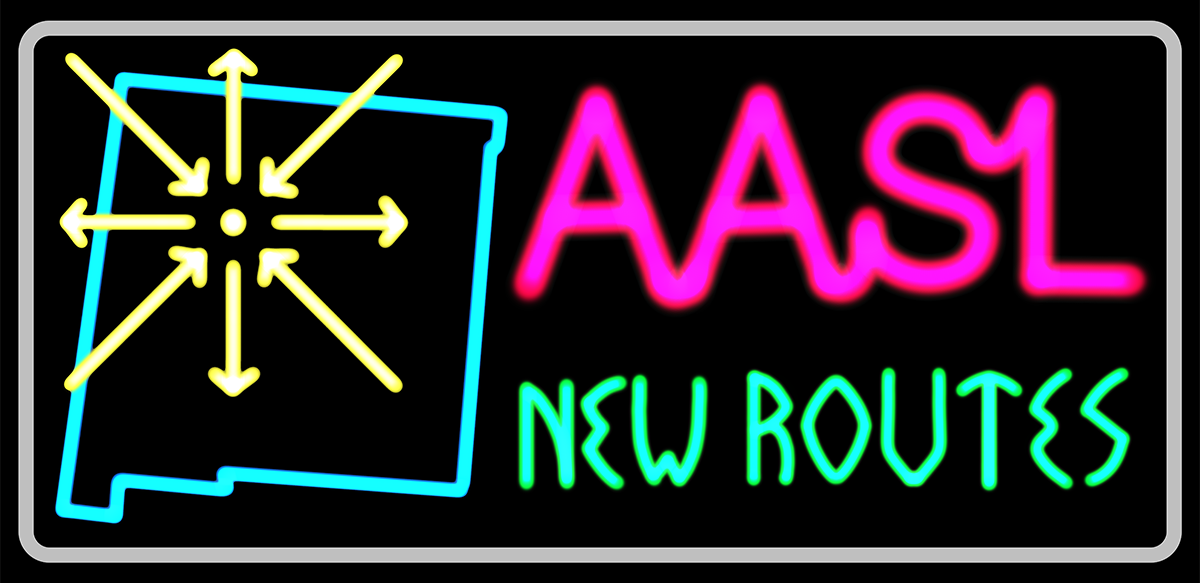 AASL New Routes logo emulating neon road sign with outline of New Mexico and arrows pointing to Albuquerque